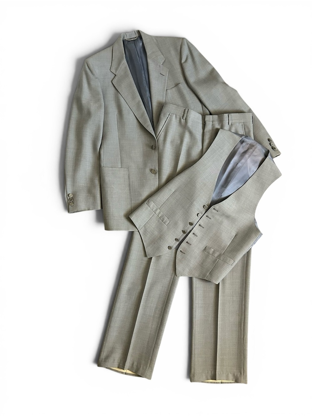 1970s DIOR 3 Puice Suit Logo Button, Flat Front pant 42L 34x34 UNION MADE